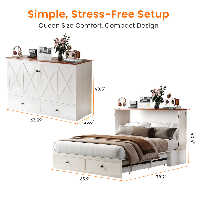 Queen Size Murphy Bed Cabinet with Charging Station & Drawers, White, Queen