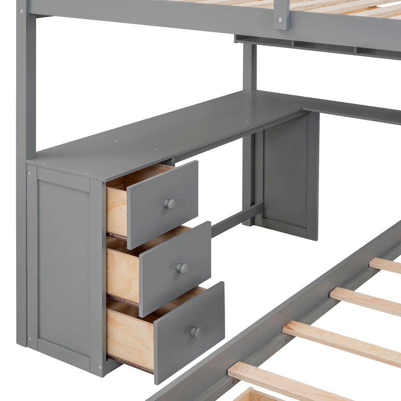 Lit superposé avec bureau, tiroirs et tablettes, Gris