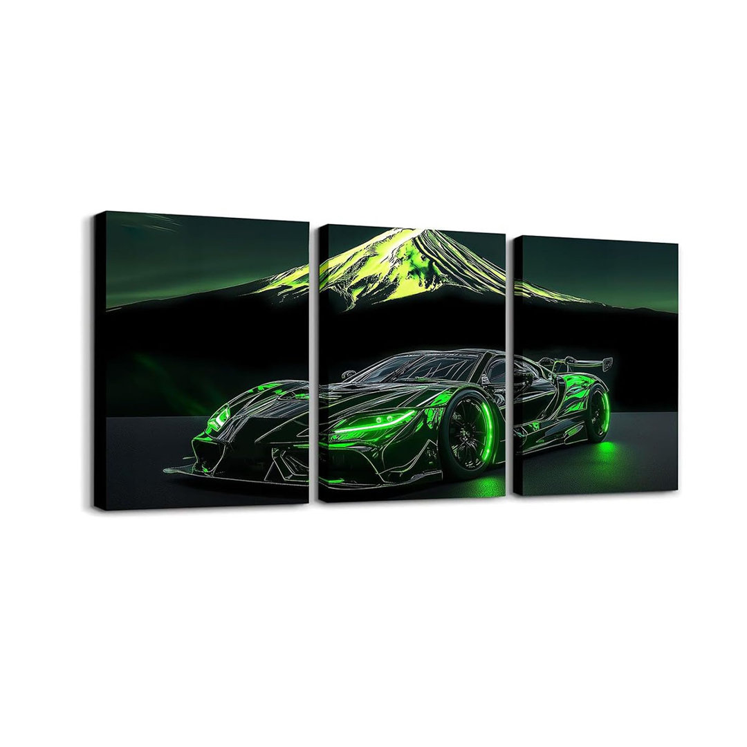 Sports Car Wall Art For Boys Green Race Car Canvas Wall Art Set Of 3 Kids Racing Cars Poster Prints Boys Cool 3D Cars Decor Birthday Decorations For T