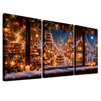 Ensemble de 3 toiles murales représentant une scène de rue d'un village en pain d'épice avec des décorations de Noël