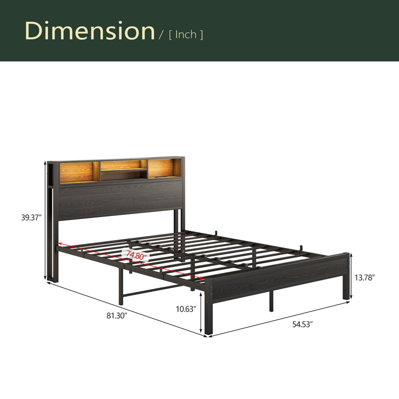 Structure de lit double avec tête de lit, lit plateforme en métal avec station de charge, rangement pour bibliothèque, aucun sommier requis, assemblage facile, silencieux