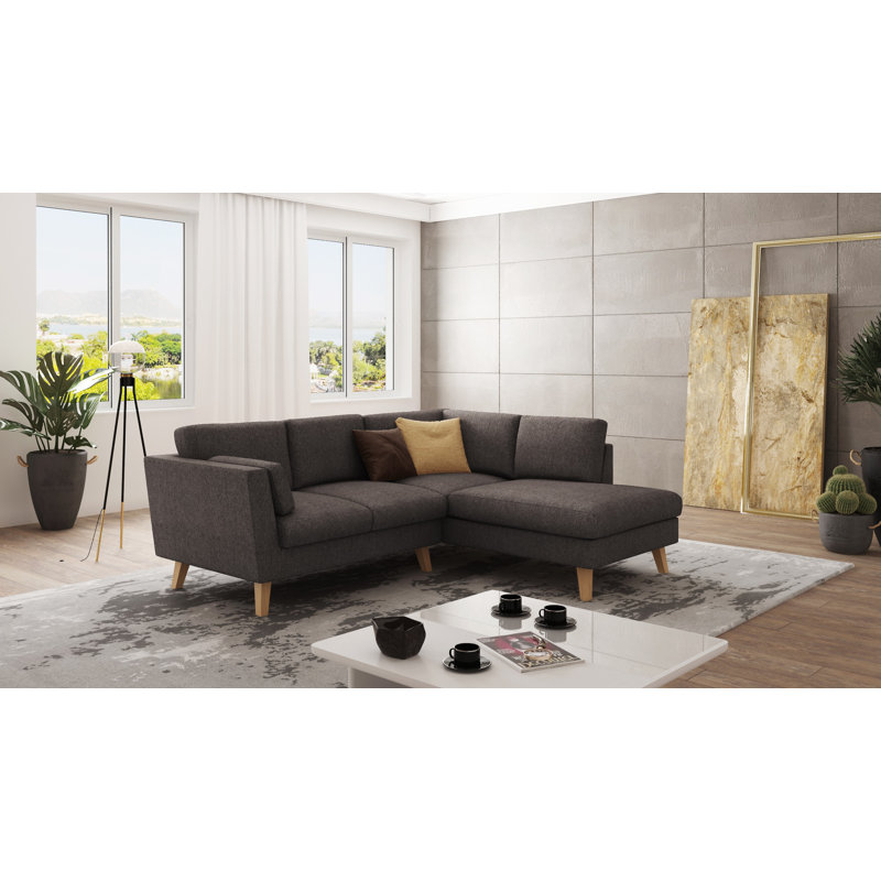 Corner Sofa with Wooden Legs In Scandinavian Style , Right Hand Facing, Brown - Khaki