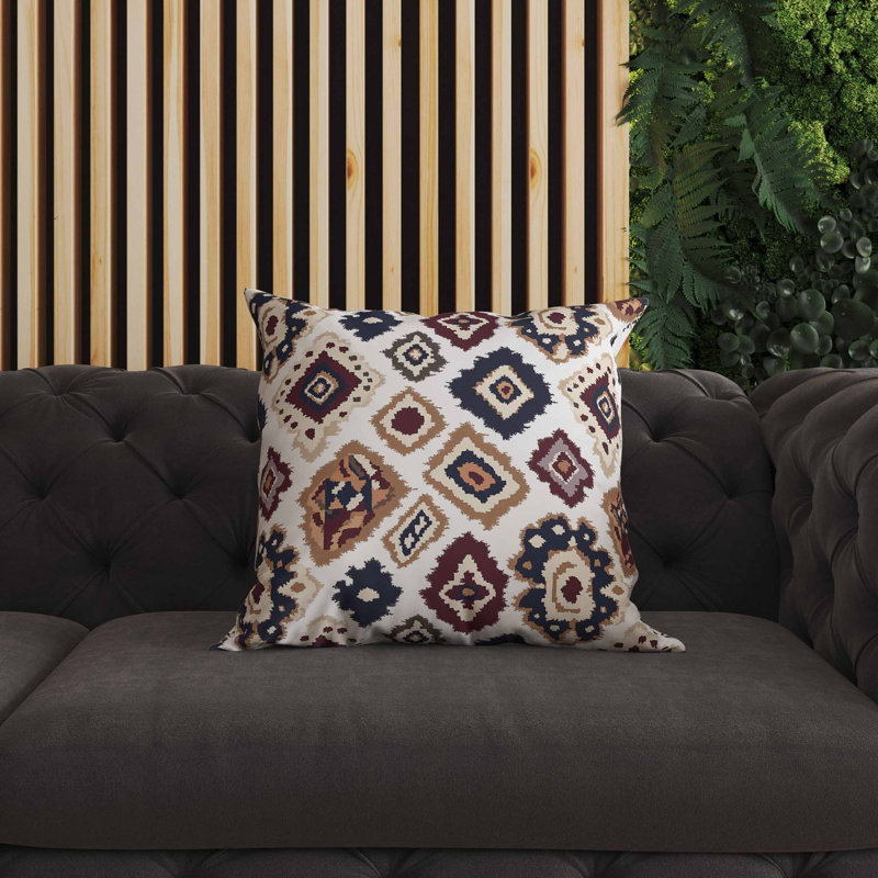 Coussin intérieur / extérieur Ikat Diamond, Blanc / rouge / jaune, Carré 16 po