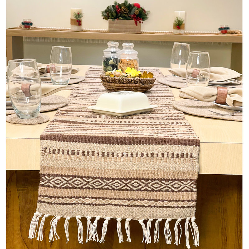 Montano Geometric Cotton Blend Table Runner, 72" Rectangle, Tonal Browns