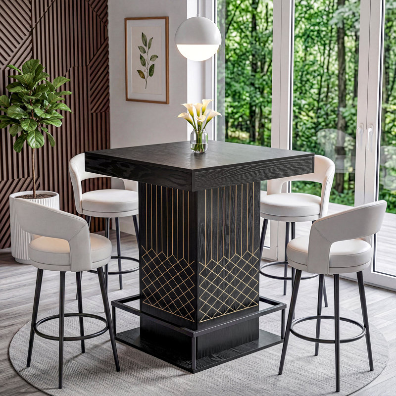 Table de bar moderne carrée noire avec piédestal incrusté d'or, table de pub à hauteur de comptoir avec finition grain de bois