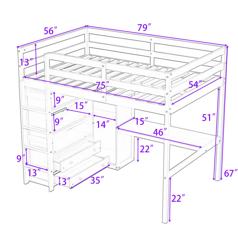 Lit mezzanine double avec garde-robe intégrée, bureau, tablettes de rangement et tiroirs, Blanc