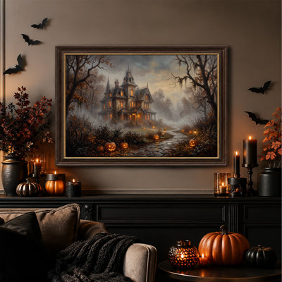 Manoir victorien hanté avec citrouilles illuminées sur une toile murale d'Halloween