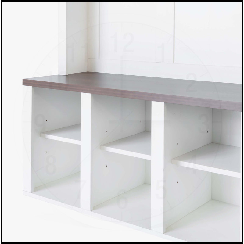 Farmhouse Wooden Style Hall Tree with 6 Hooks, Practical Walnut Storage Bench, and 13 Cubbies for Entryway Organization
