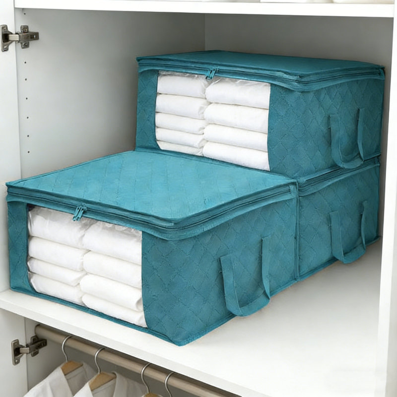 Ensemble de 3 garde-robe pliable en tissu non tissé à grande capacité 37L, Bleu