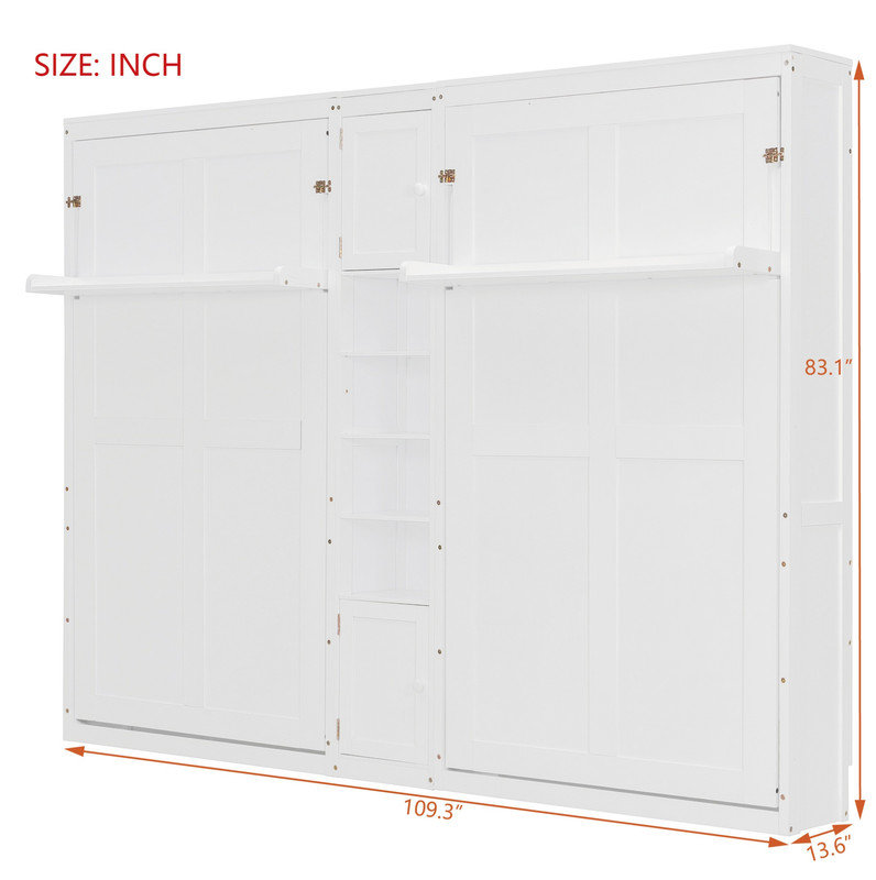 Lits simples escamotables doubles avec armoires et tablettes, Blanc