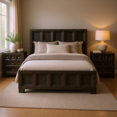 Ensemble de chambre à coucher grand lit, bois noir vieilli, ensemble de 3 pièces avec 2 tables de chevet
