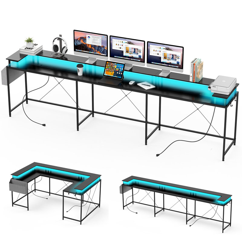 U Shaped Desk, Gaming Desk With Monitor Stand And LED Lights, Reversible Shaped Large Computer Desk With Power Outlets, Office Desk With Storage Bag And Hooks