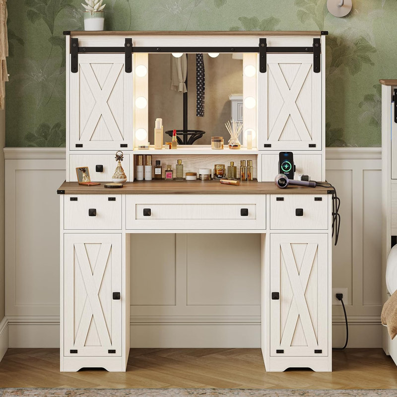 Farmhouse Vanity Desk With Mirror And Lights, White Makeup Dressing Vanity Table With Charging Station, Rustic Country Vanity Mirror With Sliding Barn Door 3 Lighting Modes Adjustable