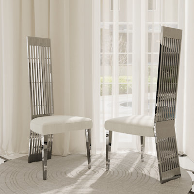 White Bouclé Dining Chairs With Silver Mirrored Legs by Brayden Studio