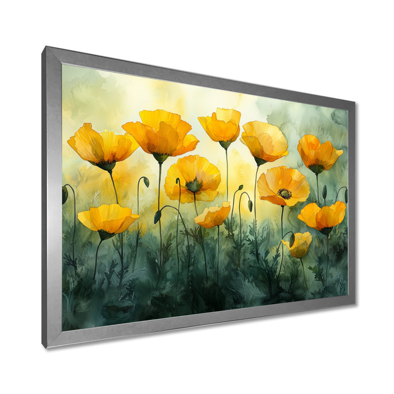 Golden Hour Poppies In Summer II - Poppies, art mural, H 12 po x l 20 po, Cadre simple argenté