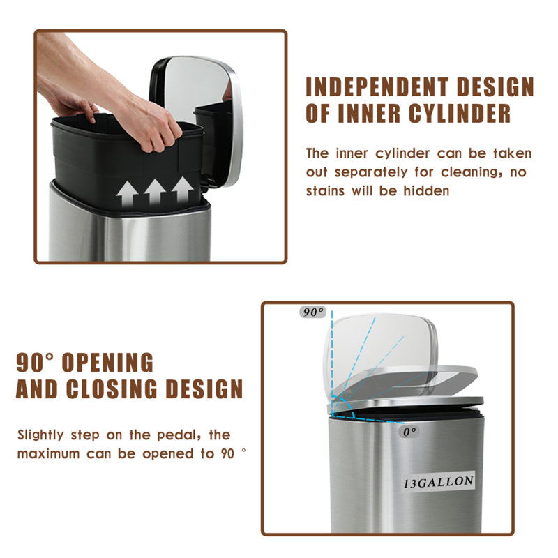 13 Gallon Silver Stainless Steel Pedal Trash Can