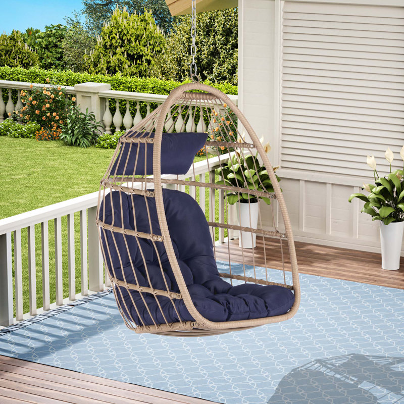 Fauteuil suspendu en rotin, Bleu très foncé, Naturel