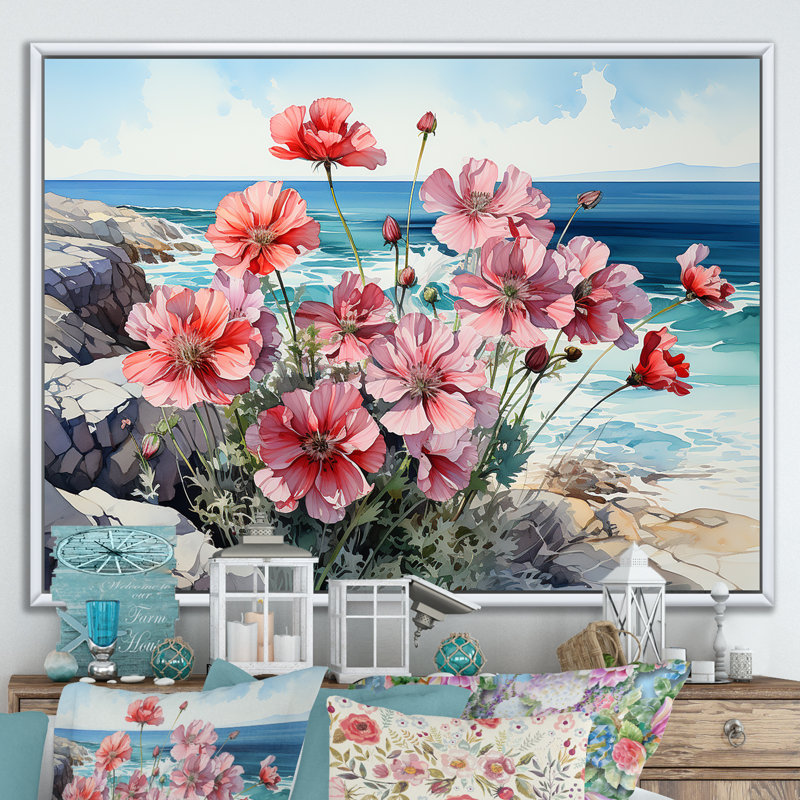 Fleur de géraniums côtière I, Cadre flottant blanc, H 12 po x l 20 po x P 1 po