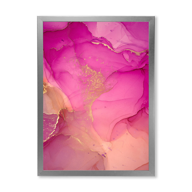 «Pink and Gold Ink Clouds», peinture sur toile, H 44 po x l 34 po x P 1,5 po, Cadre photo argenté