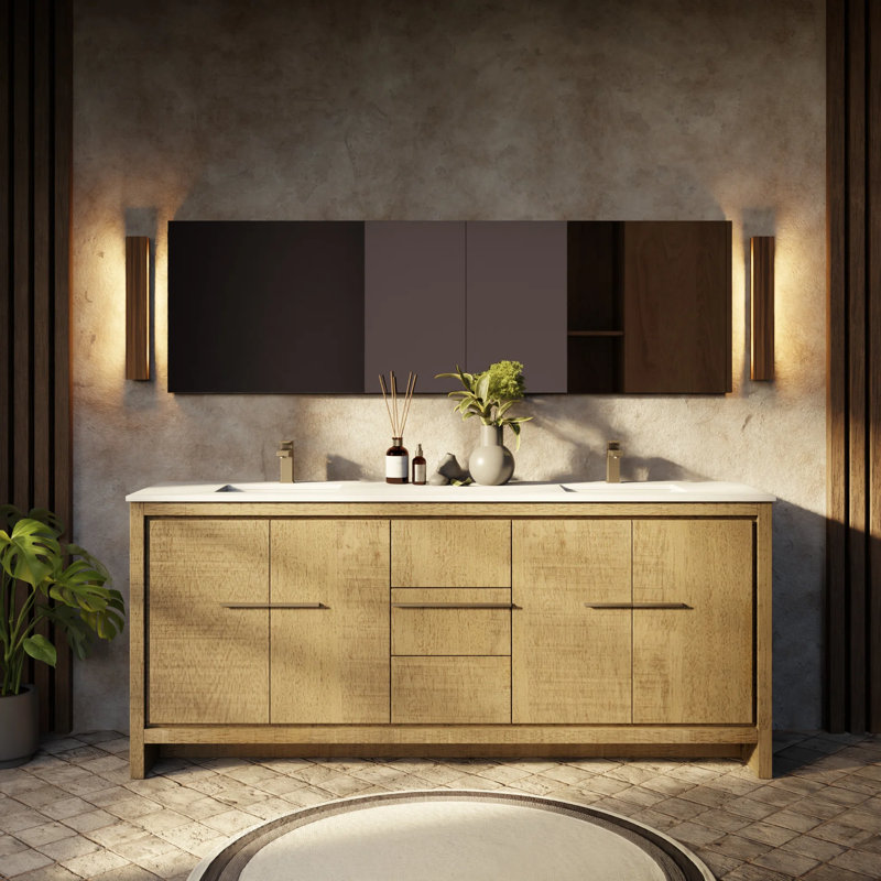 Lafarre 80 in W x 20 in D Double Bath Vanity and Gun Metal Faucet Set, Rustic Acacia, White Cultured Marble