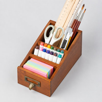Vintage Wooden Desk Organizer with 3 Compartments Rural Wood Storage Box for Office Supplies Pens and Accessories
