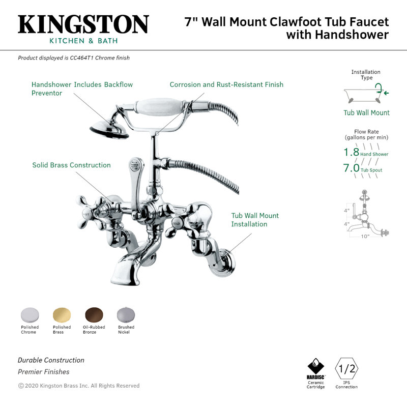 Kingston Brass Vintage Three-Handle 2-Hole Tub Wall Mount Clawfoot Tub Faucet with Hand Shower, Polished Chrome