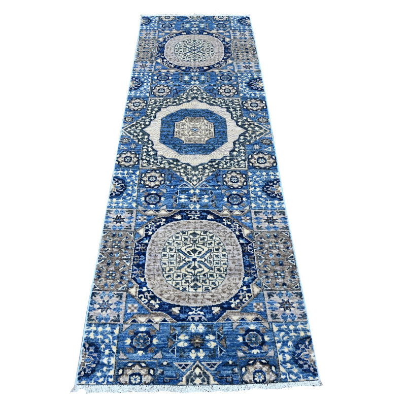 2'6" x 7'11" Duke Blue Aryana Mamluk Design Hand Knotted Soft Wool Runner Rug