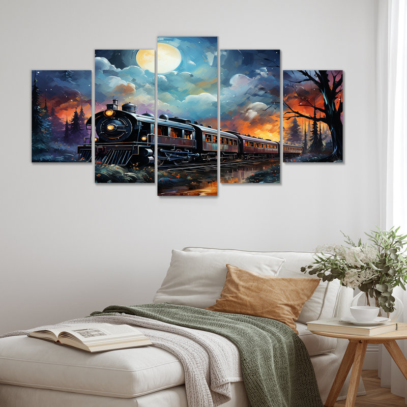 «Orange Moonlight Countryside Train Journey II - Transport train, art mural multi-panneaux pour le salon