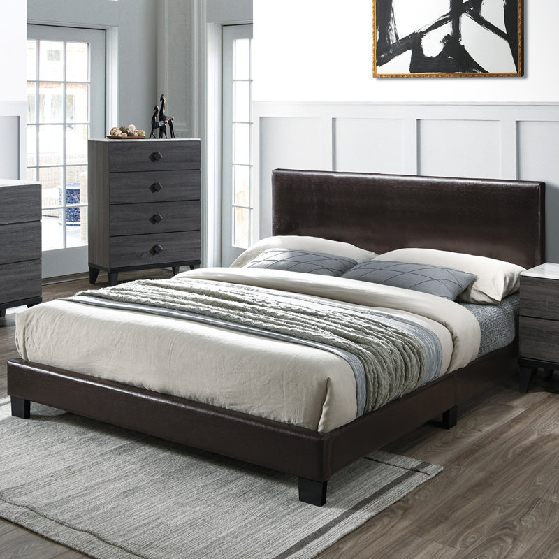 Tête de lit ajustable moderne en similicuir brun avec lit double 1pc, Lit double