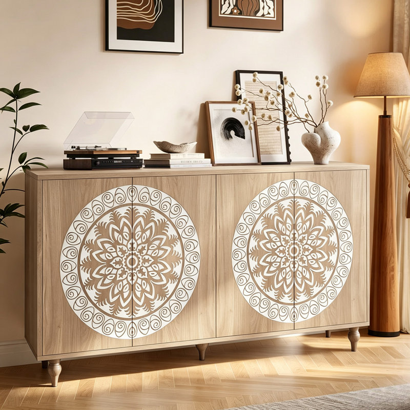 Buffet 59,84 "à 4 portes de style campagnard sculpté, crédence Boho avec tablettes réglables et pieds en bois, Noir