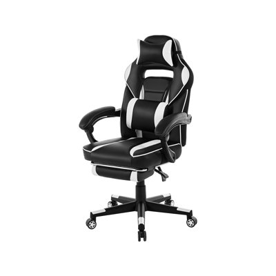 360° Swivel PU Leather Gaming Chair, Adjustable Height Ergonomic Office Chair with Retractable Footrest, Lumbar & Headrest Support, High Back Computer Chair for Gaming, Home Office, Bedroom, Black