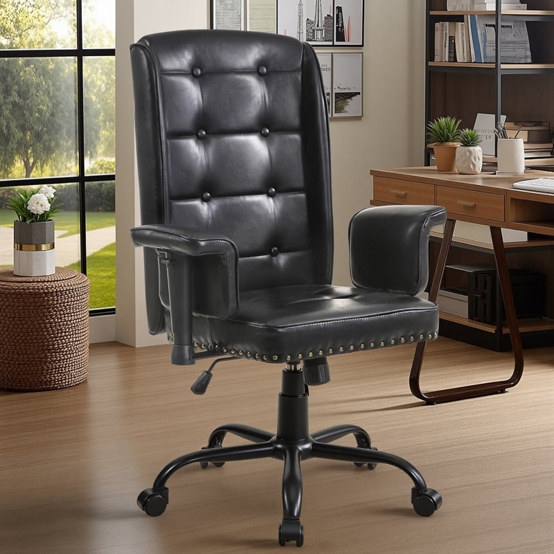 Chaise de bureau noire ergonomique en cuir synthétique à haut dossier pour bureau personnel, Noir
