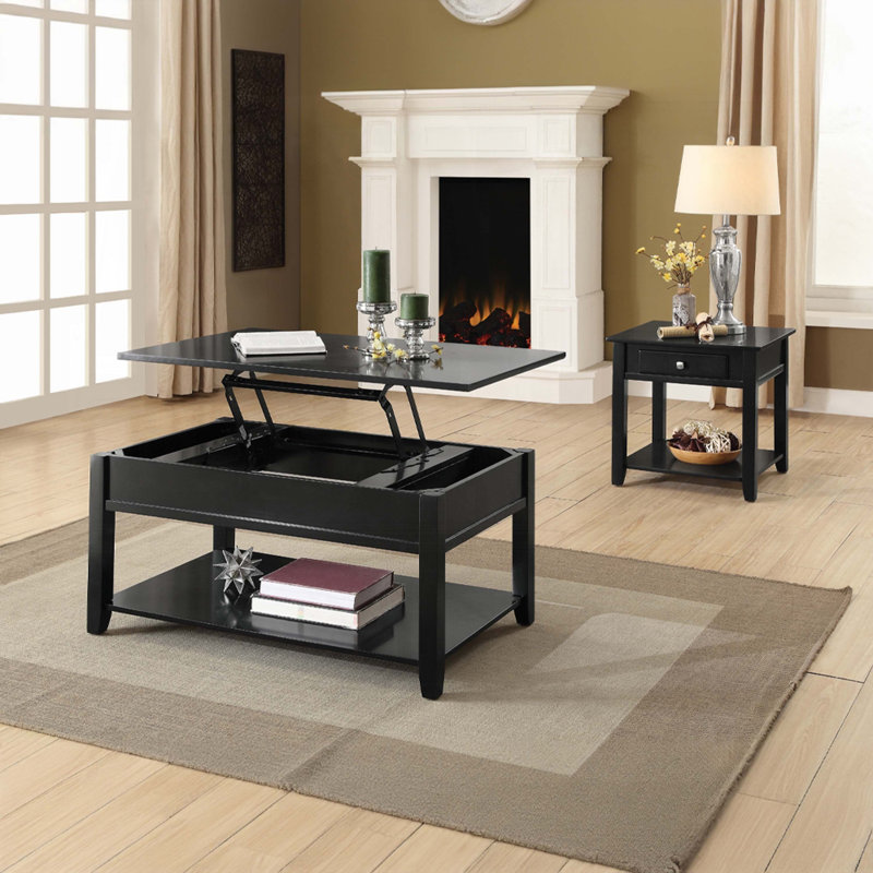 Black Wooden End Table with Drawer and Bottom Shelf