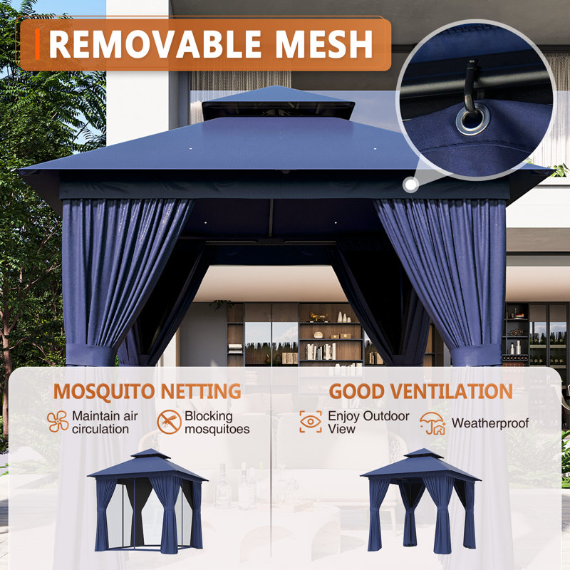 8x8 Ft Outdoor Gazebo With Double Roof, Patio Canopy With Mosquito Netting And Curtains, Suitable For Patios, Lawn And Backyard