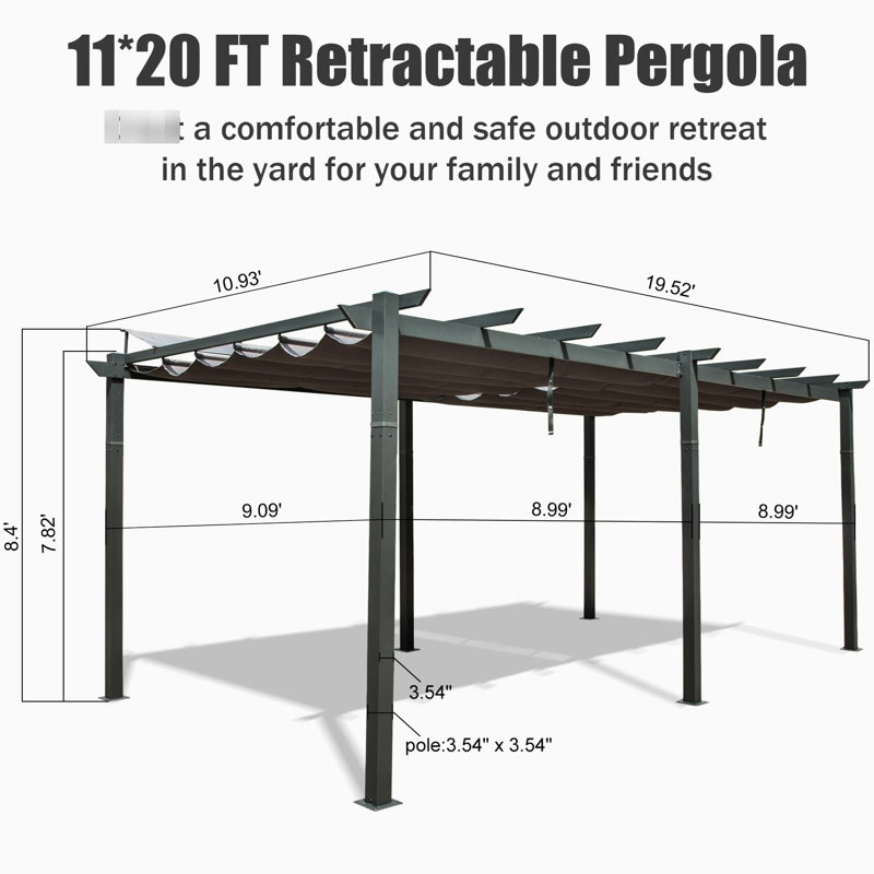 Pavillon de jardin 11 pi x 20 pi gris foncé avec auvent. Structure en aluminium, réglable, installation rapide et facile pour la cour et la cour. Protégé, installation simple