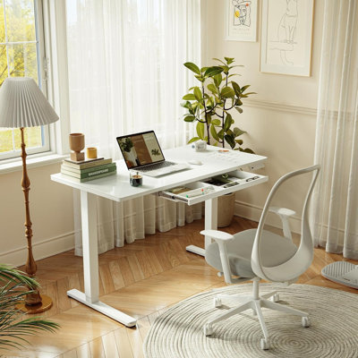 48"x24" Standing Desk with Glass Top, Height Adjustable Computer Desk with Drawer, One-piece Rising Home Office Desks with Positon Memory, Sit Stand Up Electric Workstation Table, White