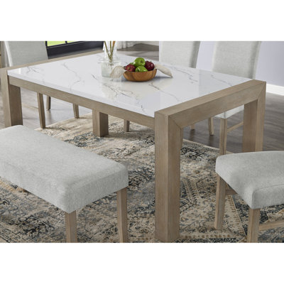 Table de salle à manger de 168 cm de large avec dessus en faux marbre blanc, pieds en chêne, style moderne, convient pour 6 personnes, profondeur de 97 cm, poids de 45 kg.