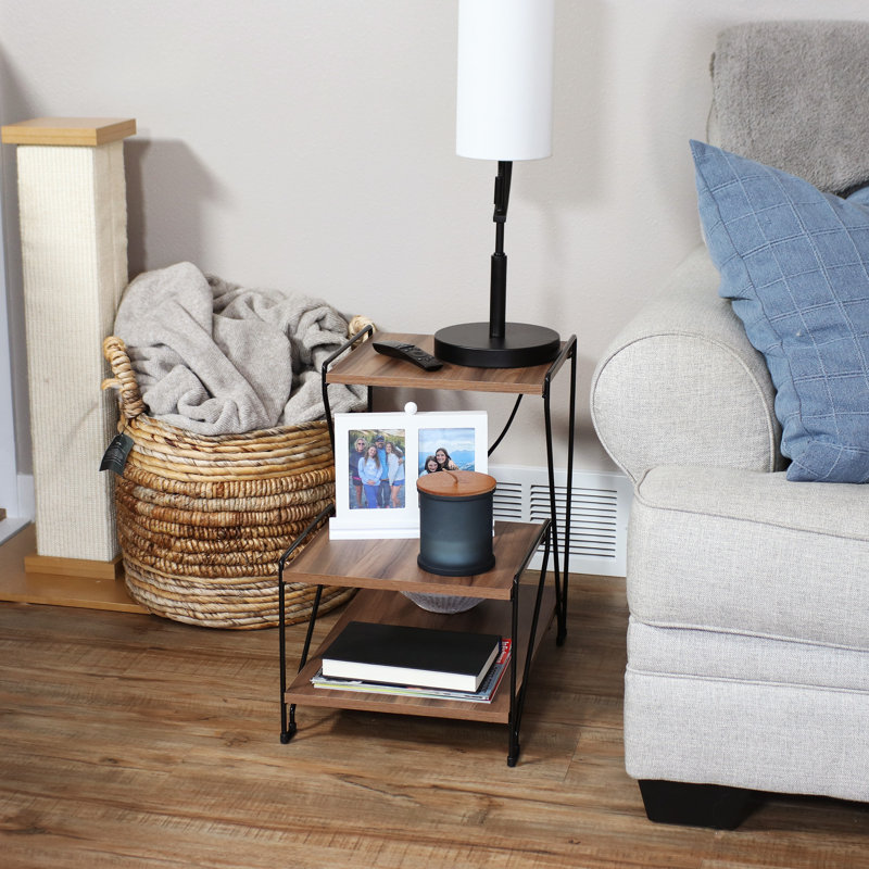 Table de bout décorative en fil de métal à 3 niveaux avec plateau en faux grain de bois