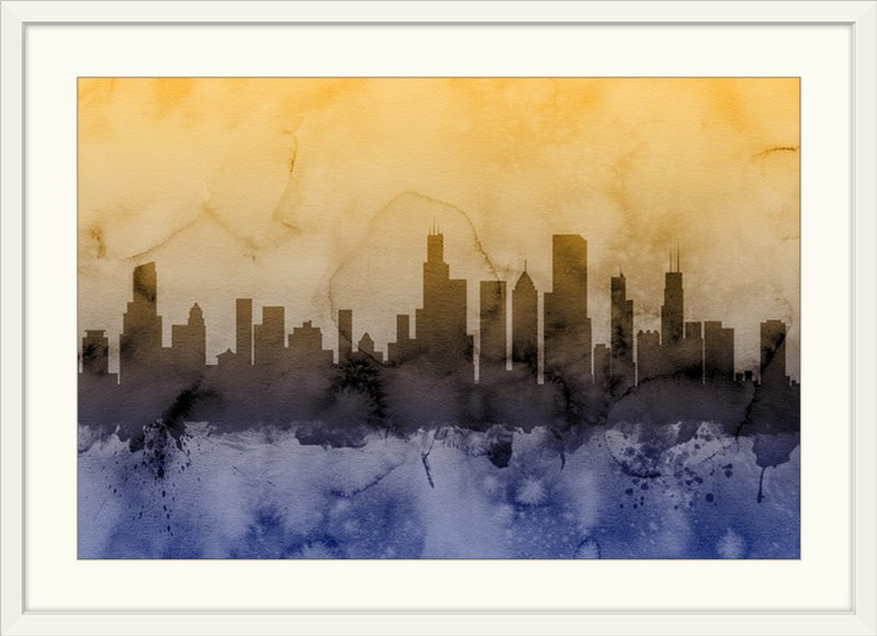 «Chicago Illinois Skyline» par Francy, impression, H 28 po x l 38 po x P 1 po, Cadre blanc