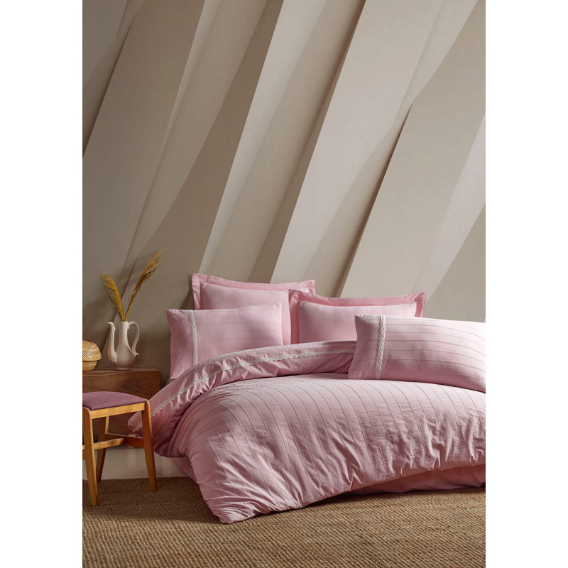 Ensemble de housse de couette double luxueux 100% coton, conception jacquard, comprenant housse de couette, drap plat (94 x 102), 2 taies d'oreiller (20 x 28) et 2 taies d'oreiller Oxford (20 x 28 + 2) | Lavable à la machine, couleurs poudres douces