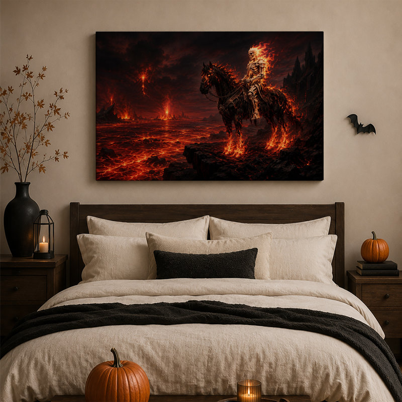 Cavalier squelette enflammé sur un cheval noir dans une toile murale volcanique pour l'Halloween, H 24 po x l 36 po
