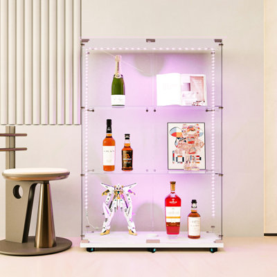 White, Tempered Glass File Cabinet, Mobile - Controlled Led Strip, 110 Lbs Capacity, With Lock Display Cabinet In Lights Follow Music, 48.48" Height, Ideal For Living Room Decor