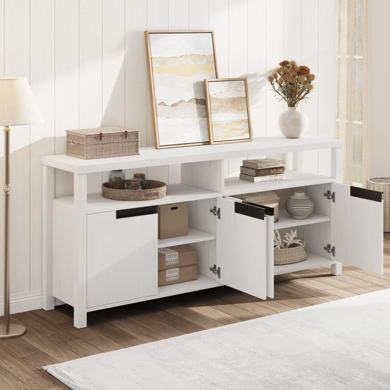 Meuble télé, avec rangement et tablette ouverte, Blanc antique