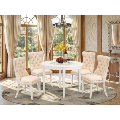 5 Piece Kitchen Table & Chairs Set Includes a Rectangle Dining Table and 4 Polyester Fabric Upholstered Parson Chairs, 36x60 Inch, linen white