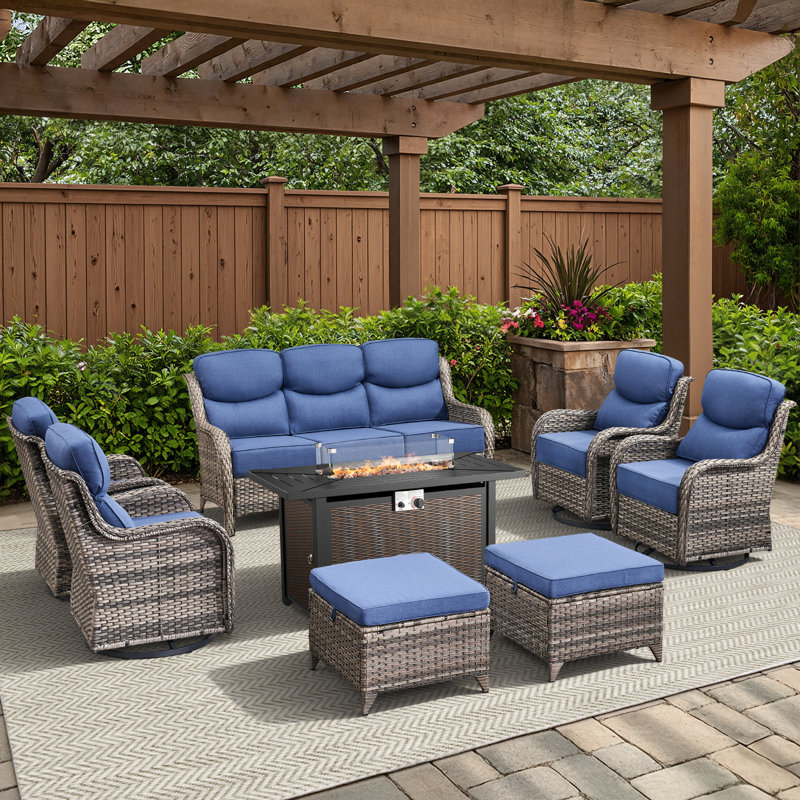 7-9 Person Outdoor Wicker Family Party Conversation Set With Swivel Rockers And Fire Pit, Blue Cushion/Gray Frame