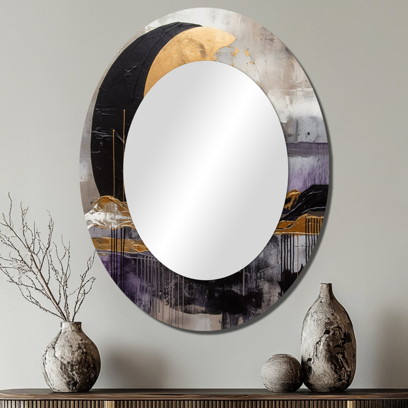 Golden Rising Moon IV - Miroir mural ovale moderne, 40 po x 30 po