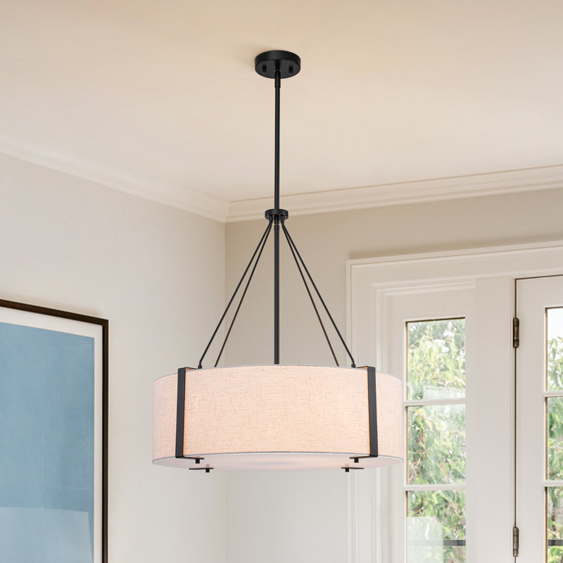 Lustre 5 lumières avec abat-jour tambour en tissu transitionnel