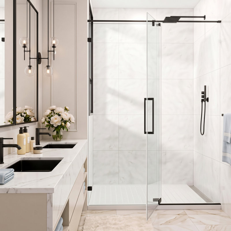 Porte de douche pivotante simple sans cadre de 76 po de hauteur, avec pellicule incassable, verre trempé de 3/8 po (10 mm) et roulettes silencieuses.