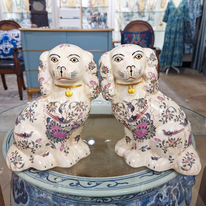 Porcelain Staffordshire Dog Figurines Pair, White floral