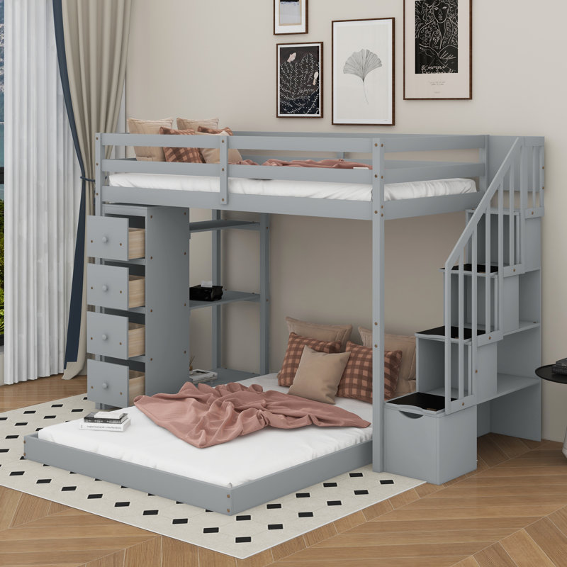 Lit simple superposé au dessus d'un lit double avec tablettes, tiroirs et escaliers, Gris